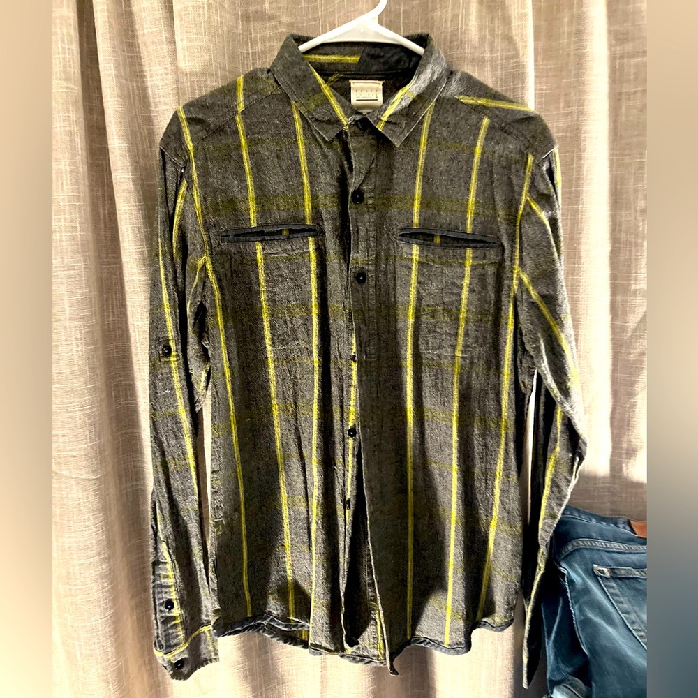 SPILT brand long sleeve button down with gray base and yellow stripes.